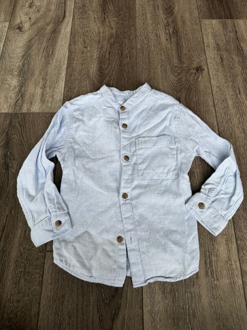 Zara Kids Boys Light Blue Linen Blend Mandarin Collar Shirt Size 2-3 Years 98cm